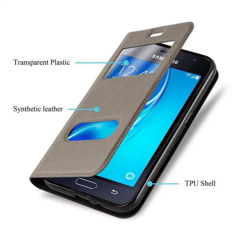 Cadorabo Hülle kompatibel mit Samsung Galaxy J1 2015 Schutzhülle mit Magnetverschluss, Standfunktion und 2 Sichtfenstern