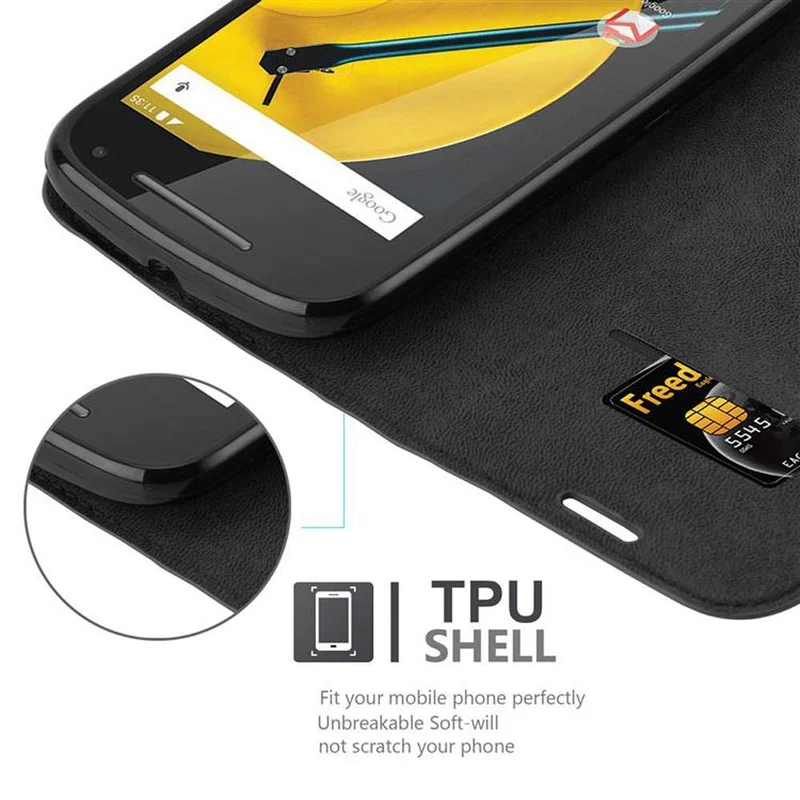 Cadorabo Hülle kompatibel mit Motorola MOTO E2 Schutzhülle mit Magnetverschluss, Standfunktion und Kartenfach