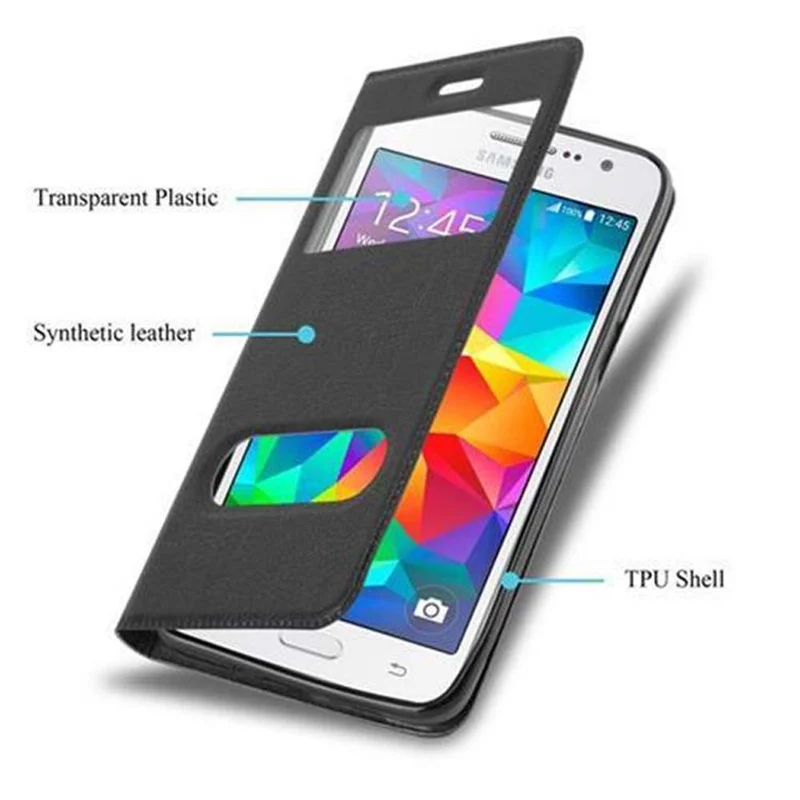 Cadorabo Hülle kompatibel mit Samsung Galaxy GRAND PRIME Schutzhülle mit Magnetverschluss, Standfunktion und 2 Sichtfenstern