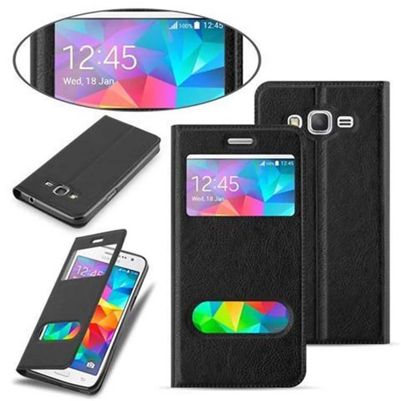 Cadorabo Hülle kompatibel mit Samsung Galaxy GRAND PRIME Schutzhülle mit Magnetverschluss, Standfunktion und 2 Sichtfenstern