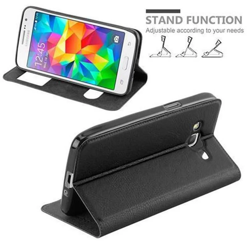 Cadorabo Hülle kompatibel mit Samsung Galaxy GRAND PRIME Schutzhülle mit Magnetverschluss, Standfunktion und 2 Sichtfenstern