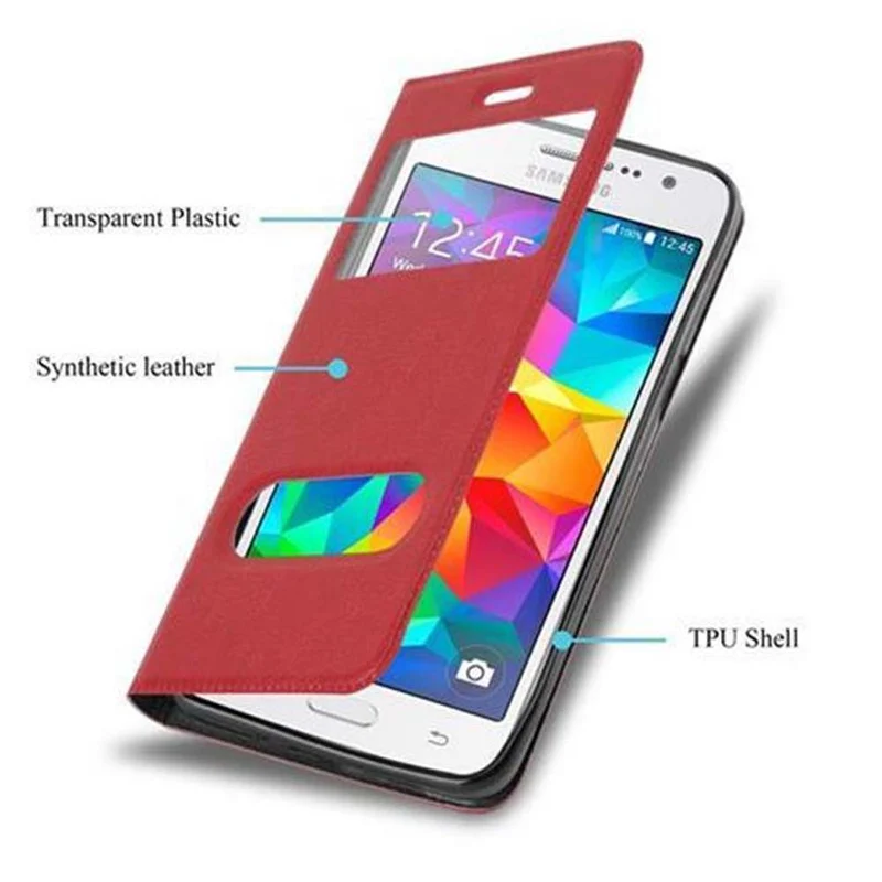 Cadorabo Hülle kompatibel mit Samsung Galaxy GRAND PRIME Schutzhülle mit Magnetverschluss, Standfunktion und 2 Sichtfenstern