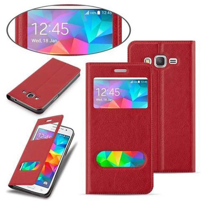 Cadorabo Hülle kompatibel mit Samsung Galaxy GRAND PRIME Schutzhülle mit Magnetverschluss, Standfunktion und 2 Sichtfenstern