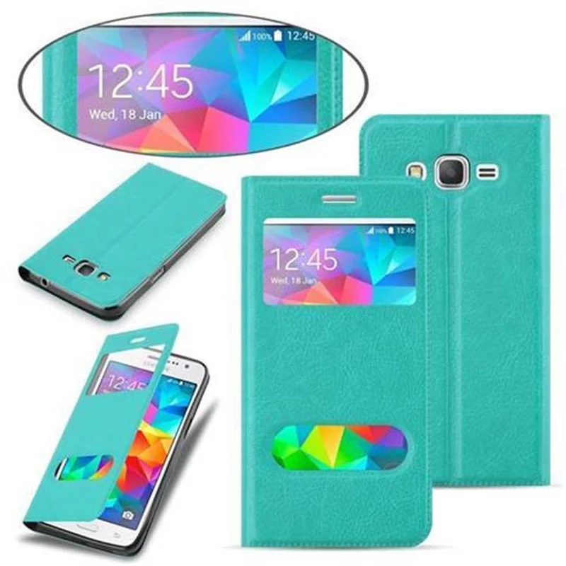 Cadorabo Hülle kompatibel mit Samsung Galaxy GRAND PRIME Schutzhülle mit Magnetverschluss, Standfunktion und 2 Sichtfenstern