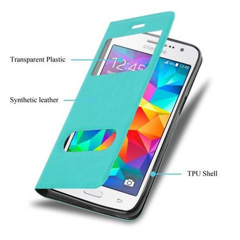 Cadorabo Hülle kompatibel mit Samsung Galaxy GRAND PRIME Schutzhülle mit Magnetverschluss, Standfunktion und 2 Sichtfenstern