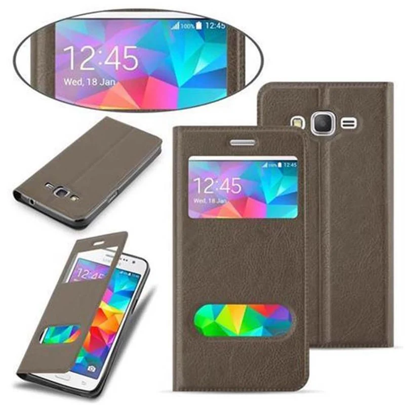 Cadorabo Hülle kompatibel mit Samsung Galaxy GRAND PRIME Schutzhülle mit Magnetverschluss, Standfunktion und 2 Sichtfenstern