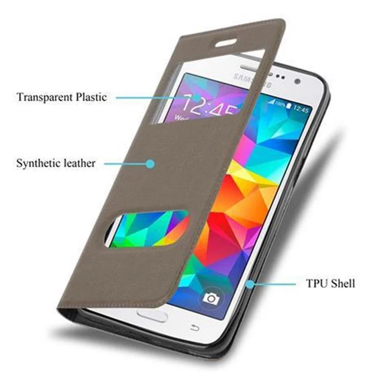 Cadorabo Hülle kompatibel mit Samsung Galaxy GRAND PRIME Schutzhülle mit Magnetverschluss, Standfunktion und 2 Sichtfenstern