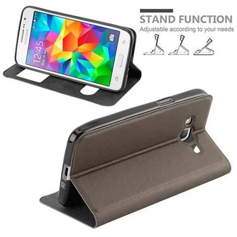 Cadorabo Hülle kompatibel mit Samsung Galaxy GRAND PRIME Schutzhülle mit Magnetverschluss, Standfunktion und 2 Sichtfenstern