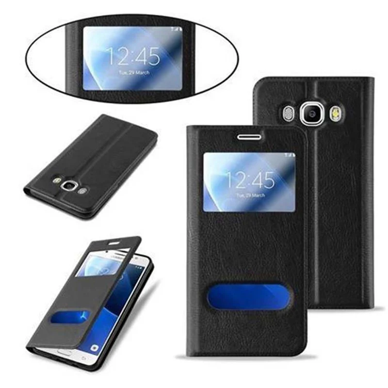 Cadorabo Hülle kompatibel mit Samsung Galaxy J7 2016 Schutzhülle mit Magnetverschluss, Standfunktion und 2 Sichtfenstern