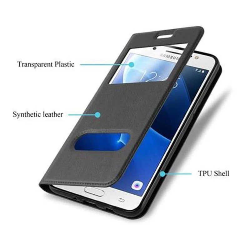 Cadorabo Hülle kompatibel mit Samsung Galaxy J7 2016 Schutzhülle mit Magnetverschluss, Standfunktion und 2 Sichtfenstern