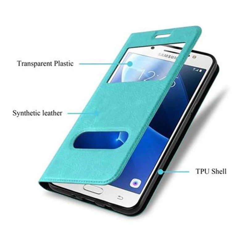 Cadorabo Hülle kompatibel mit Samsung Galaxy J7 2016 Schutzhülle mit Magnetverschluss, Standfunktion und 2 Sichtfenstern