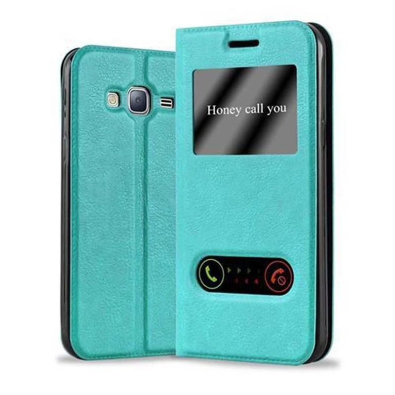 Cadorabo Hülle kompatibel mit Samsung Galaxy J3 2016 Schutzhülle mit Magnetverschluss, Standfunktion und 2 Sichtfenstern