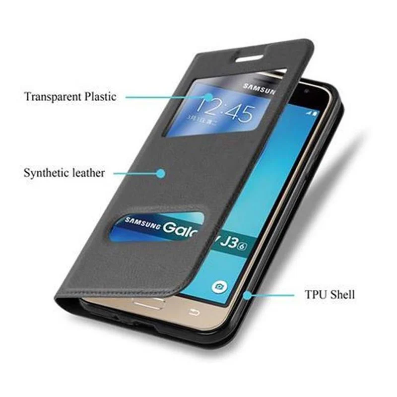 Cadorabo Hülle kompatibel mit Samsung Galaxy J3 2016 Schutzhülle mit Magnetverschluss, Standfunktion und 2 Sichtfenstern