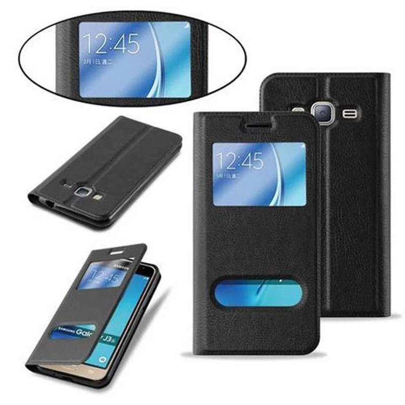 Cadorabo Hülle kompatibel mit Samsung Galaxy J3 2016 Schutzhülle mit Magnetverschluss, Standfunktion und 2 Sichtfenstern