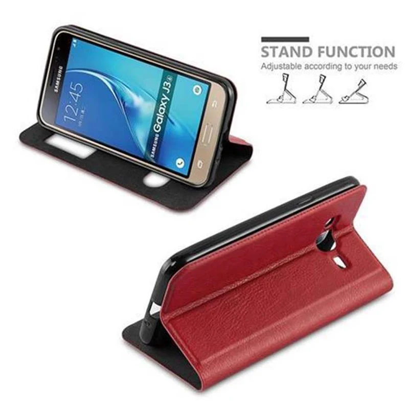 Cadorabo Hülle kompatibel mit Samsung Galaxy J3 2016 Schutzhülle mit Magnetverschluss, Standfunktion und 2 Sichtfenstern