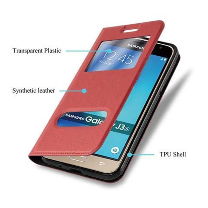 Cadorabo Hülle kompatibel mit Samsung Galaxy J3 2016 Schutzhülle mit Magnetverschluss, Standfunktion und 2 Sichtfenstern