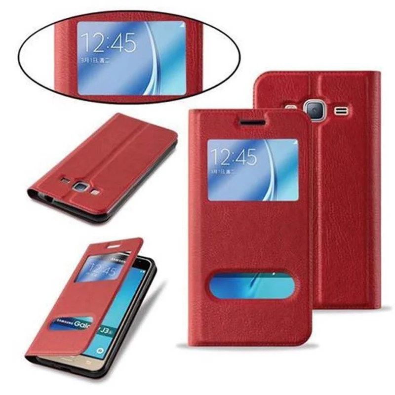 Cadorabo Hülle kompatibel mit Samsung Galaxy J3 2016 Schutzhülle mit Magnetverschluss, Standfunktion und 2 Sichtfenstern
