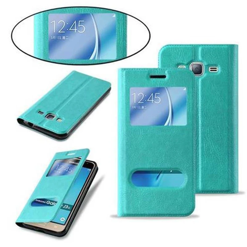 Cadorabo Hülle kompatibel mit Samsung Galaxy J3 2016 Schutzhülle mit Magnetverschluss, Standfunktion und 2 Sichtfenstern