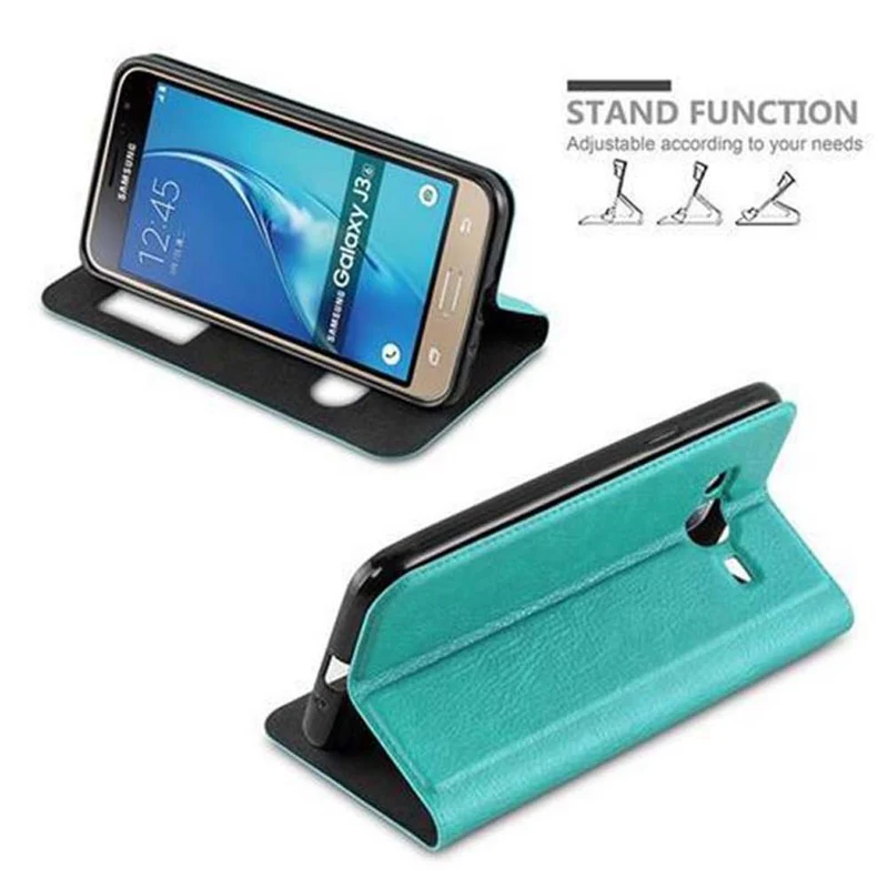 Cadorabo Hülle kompatibel mit Samsung Galaxy J3 2016 Schutzhülle mit Magnetverschluss, Standfunktion und 2 Sichtfenstern