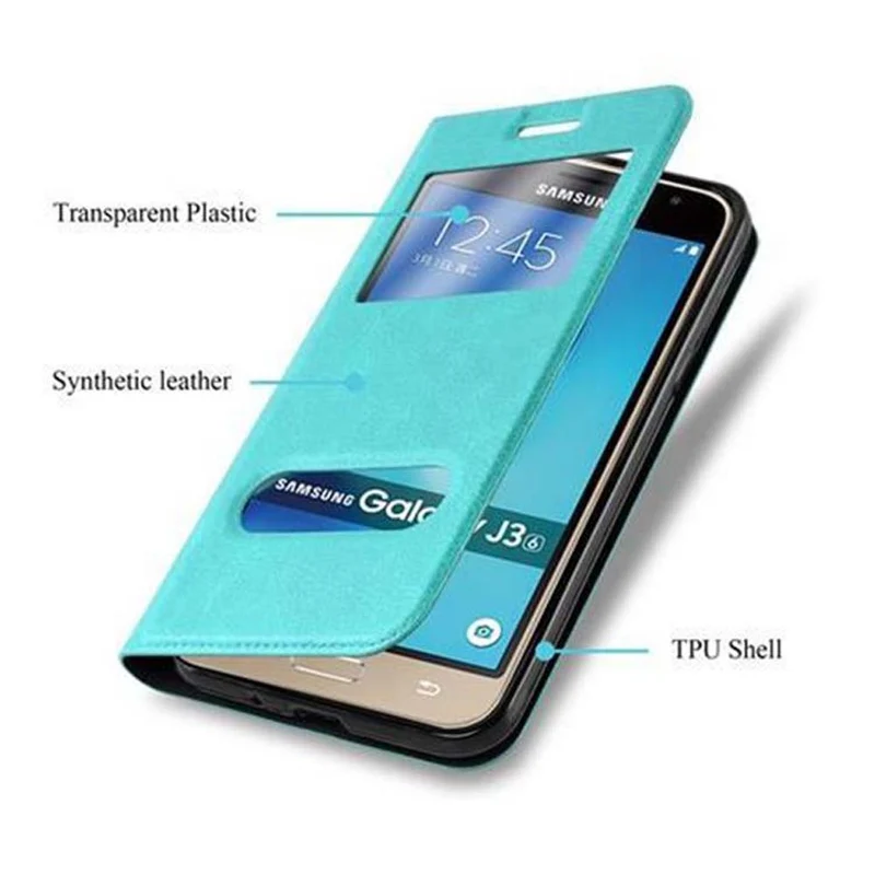 Cadorabo Hülle kompatibel mit Samsung Galaxy J3 2016 Schutzhülle mit Magnetverschluss, Standfunktion und 2 Sichtfenstern