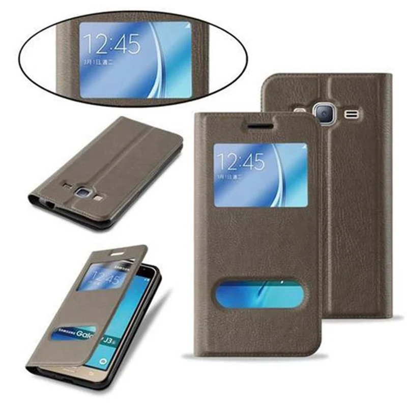 Cadorabo Hülle kompatibel mit Samsung Galaxy J3 2016 Schutzhülle mit Magnetverschluss, Standfunktion und 2 Sichtfenstern
