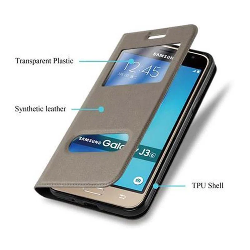 Cadorabo Hülle kompatibel mit Samsung Galaxy J3 2016 Schutzhülle mit Magnetverschluss, Standfunktion und 2 Sichtfenstern