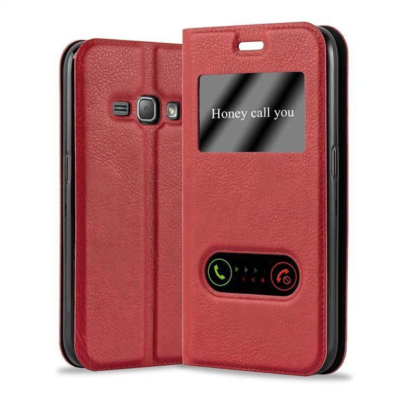 Cadorabo Hülle kompatibel mit Samsung Galaxy J1 2016 Schutzhülle mit Magnetverschluss, Standfunktion und 2 Sichtfenstern