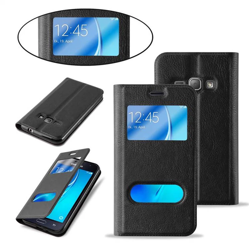 Cadorabo Hülle kompatibel mit Samsung Galaxy J1 2016 Schutzhülle mit Magnetverschluss, Standfunktion und 2 Sichtfenstern