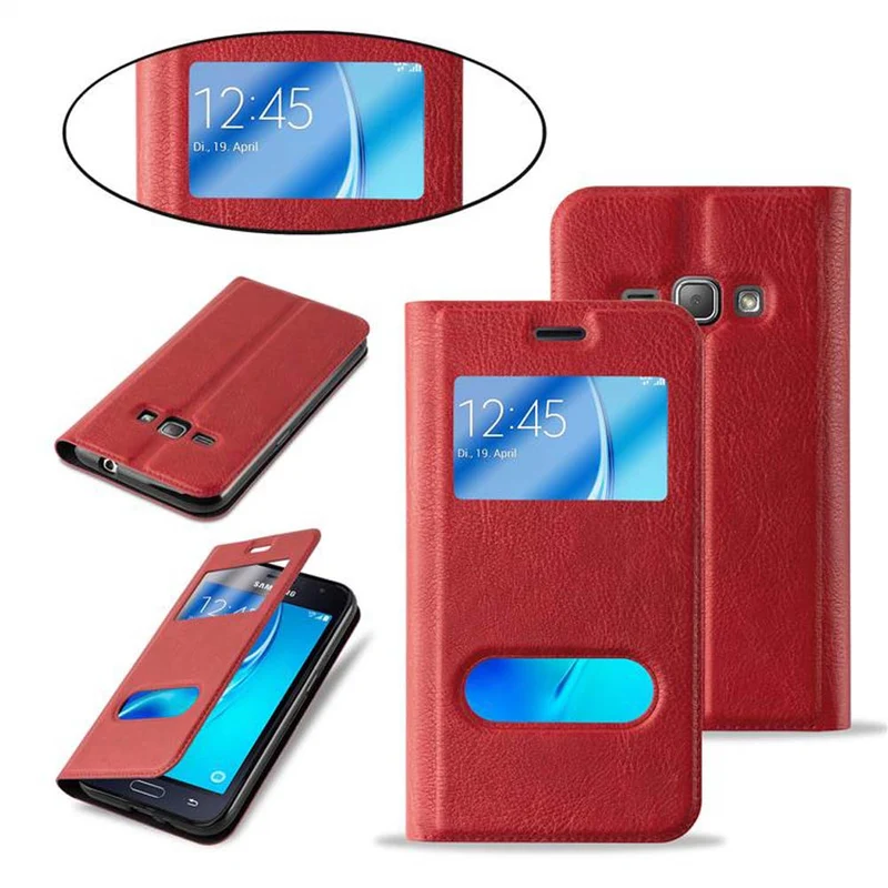 Cadorabo Hülle kompatibel mit Samsung Galaxy J1 2016 Schutzhülle mit Magnetverschluss, Standfunktion und 2 Sichtfenstern