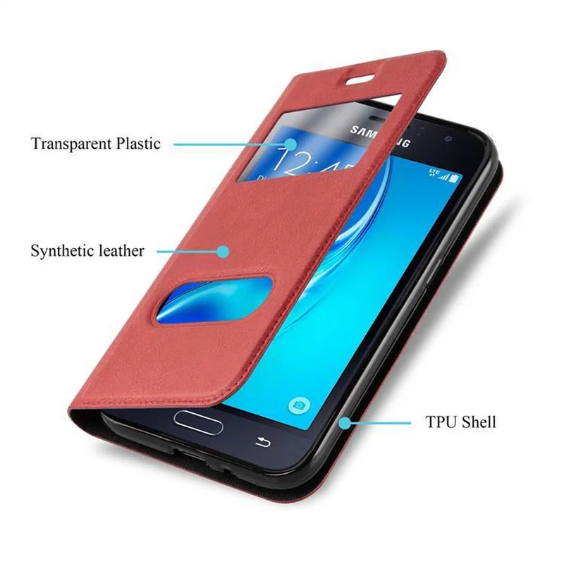 Cadorabo Hülle kompatibel mit Samsung Galaxy J1 2016 Schutzhülle mit Magnetverschluss, Standfunktion und 2 Sichtfenstern