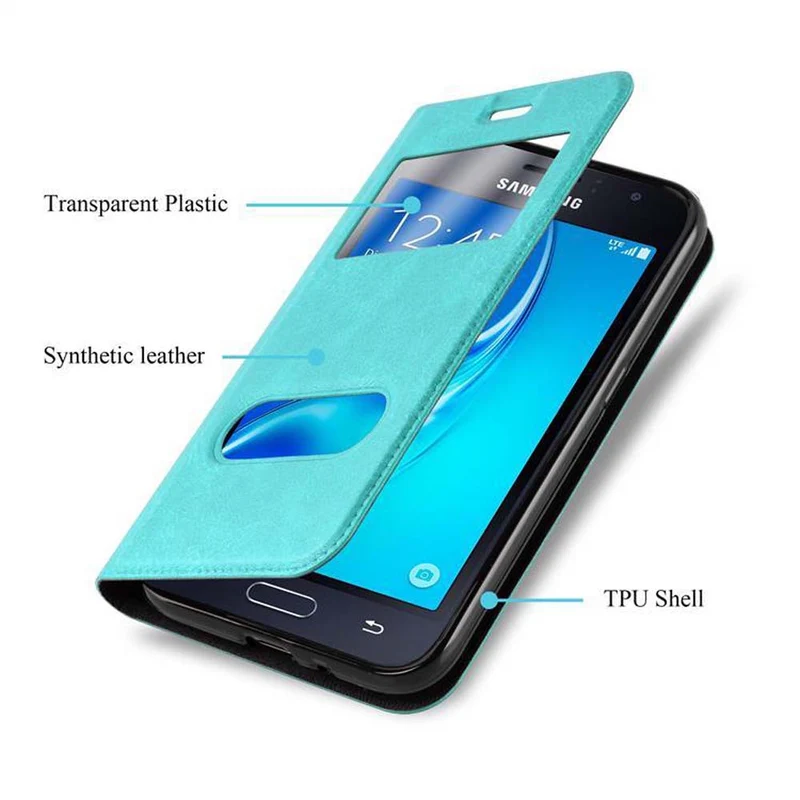 Cadorabo Hülle kompatibel mit Samsung Galaxy J1 2016 Schutzhülle mit Magnetverschluss, Standfunktion und 2 Sichtfenstern