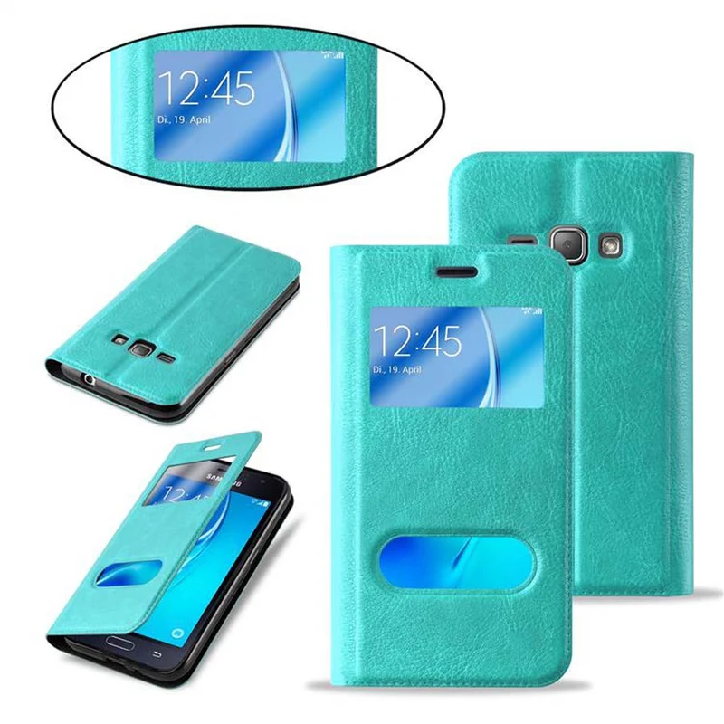 Cadorabo Hülle kompatibel mit Samsung Galaxy J1 2016 Schutzhülle mit Magnetverschluss, Standfunktion und 2 Sichtfenstern