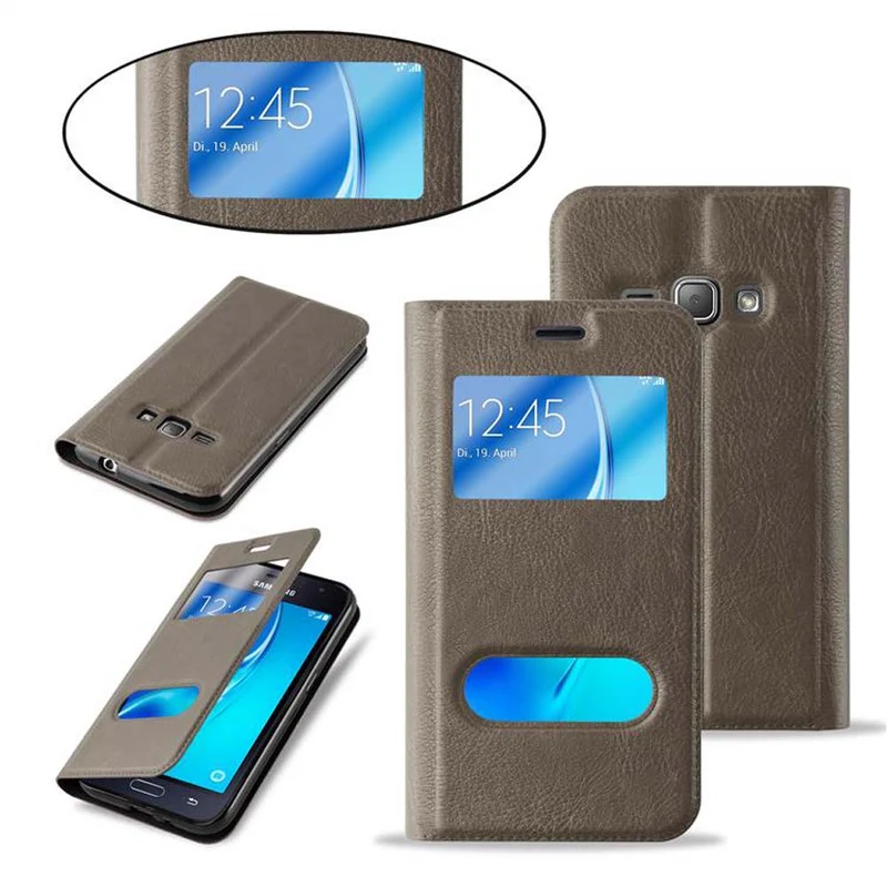 Cadorabo Hülle kompatibel mit Samsung Galaxy J1 2016 Schutzhülle mit Magnetverschluss, Standfunktion und 2 Sichtfenstern