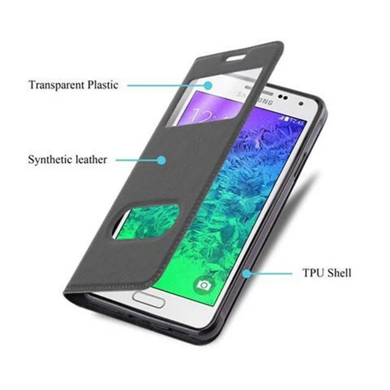 Cadorabo Hülle kompatibel mit Samsung Galaxy ALPHA Schutzhülle mit Magnetverschluss, Standfunktion und 2 Sichtfenstern