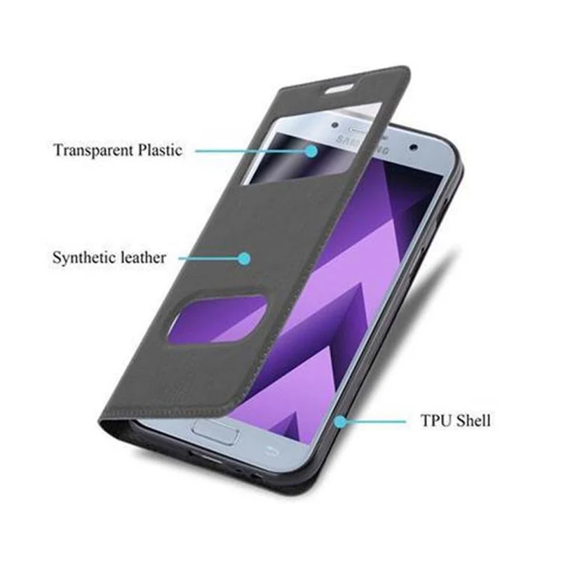 Cadorabo Hülle kompatibel mit Samsung Galaxy A3 2017 Schutzhülle mit Magnetverschluss, Standfunktion und 2 Sichtfenstern