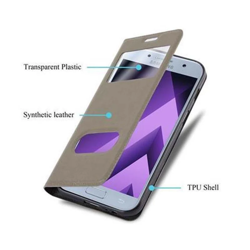 Cadorabo Hülle kompatibel mit Samsung Galaxy A3 2017 Schutzhülle mit Magnetverschluss, Standfunktion und 2 Sichtfenstern