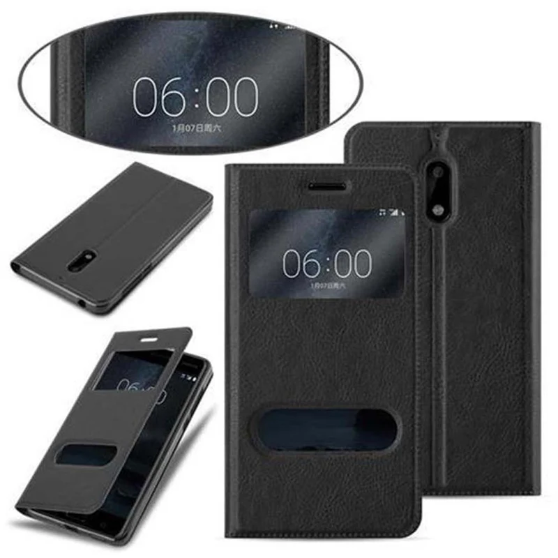 Cadorabo Hülle kompatibel mit Nokia 6 2017 Schutzhülle mit Magnetverschluss, Standfunktion und 2 Sichtfenstern