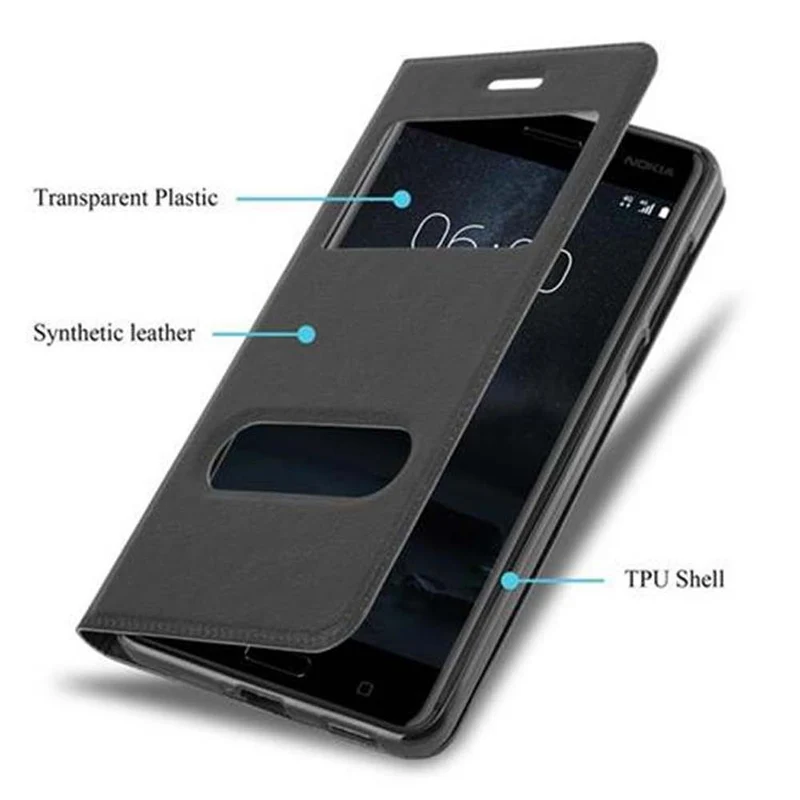 Cadorabo Hülle kompatibel mit Nokia 6 2017 Schutzhülle mit Magnetverschluss, Standfunktion und 2 Sichtfenstern