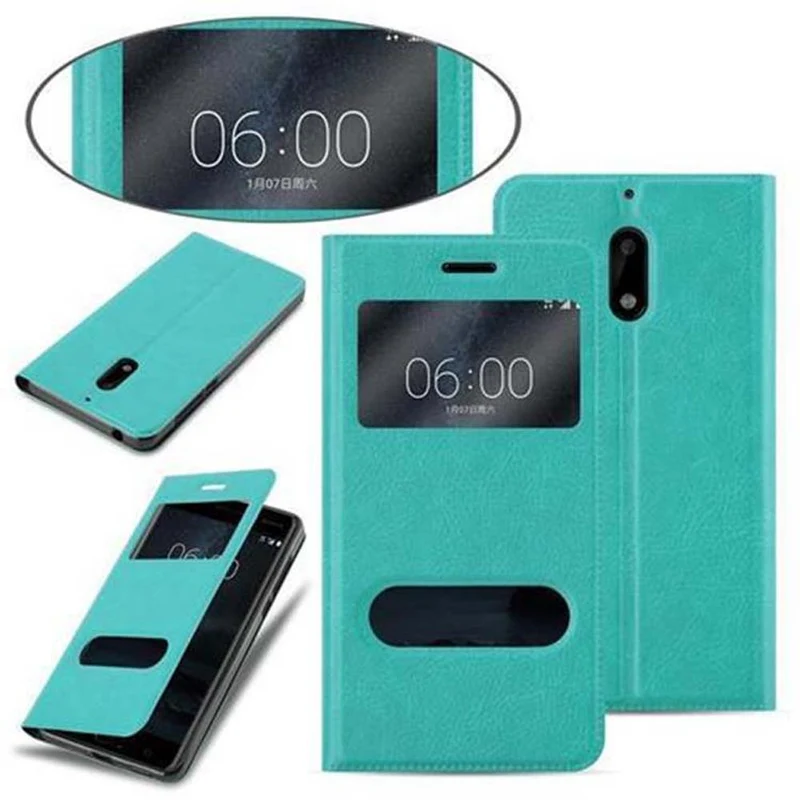 Cadorabo Hülle kompatibel mit Nokia 6 2017 Schutzhülle mit Magnetverschluss, Standfunktion und 2 Sichtfenstern