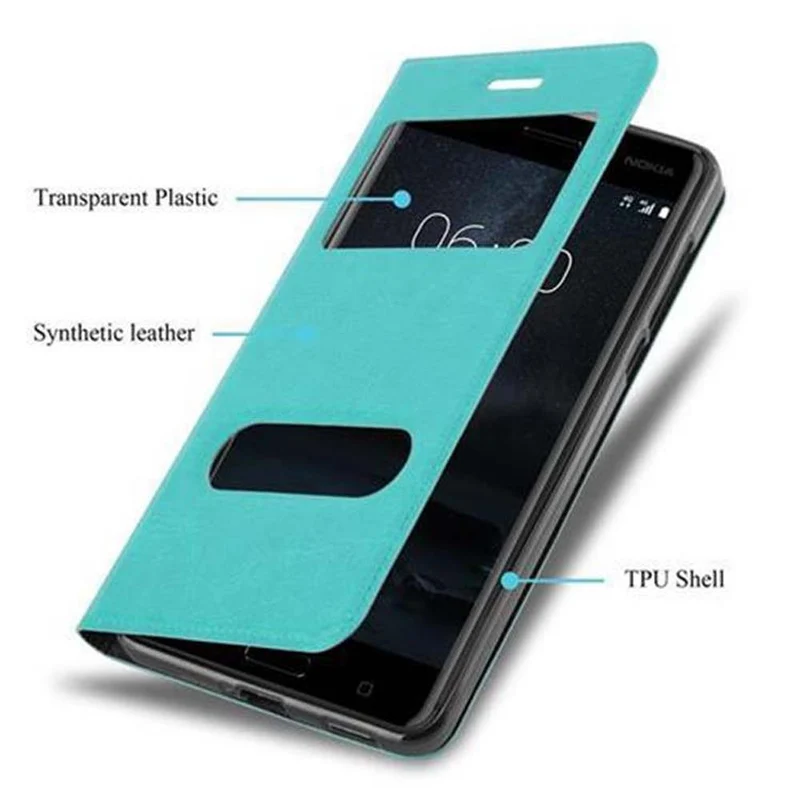 Cadorabo Hülle kompatibel mit Nokia 6 2017 Schutzhülle mit Magnetverschluss, Standfunktion und 2 Sichtfenstern