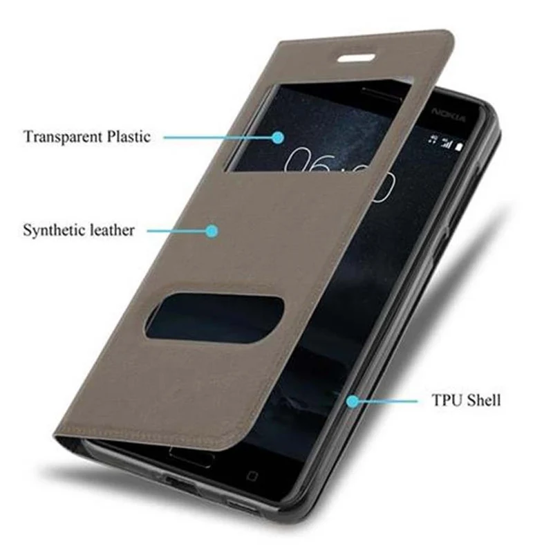 Cadorabo Hülle kompatibel mit Nokia 6 2017 Schutzhülle mit Magnetverschluss, Standfunktion und 2 Sichtfenstern
