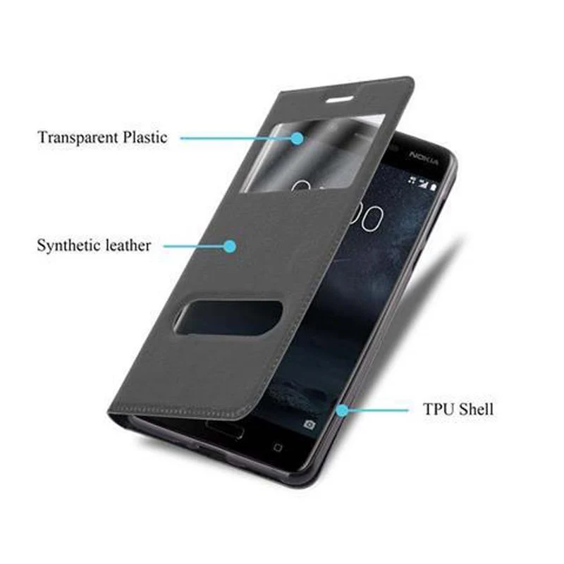 Cadorabo Hülle kompatibel mit Nokia 5 2017 Schutzhülle mit Magnetverschluss, Standfunktion und 2 Sichtfenstern