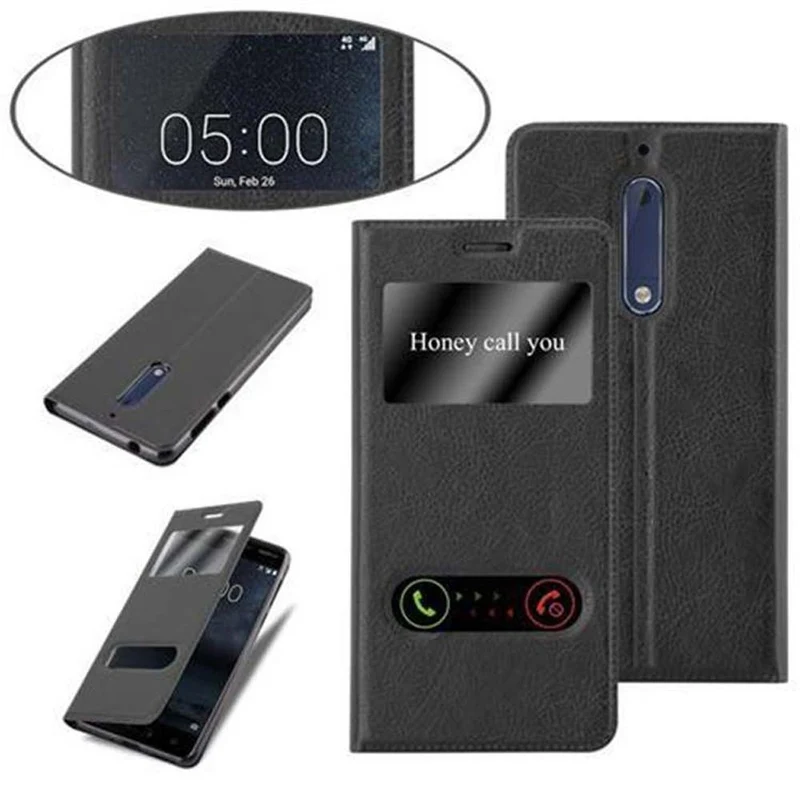 Cadorabo Hülle kompatibel mit Nokia 5 2017 Schutzhülle mit Magnetverschluss, Standfunktion und 2 Sichtfenstern