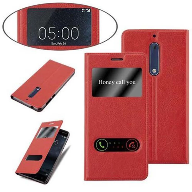 Cadorabo Hülle kompatibel mit Nokia 5 2017 Schutzhülle mit Magnetverschluss, Standfunktion und 2 Sichtfenstern