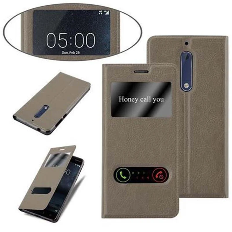 Cadorabo Hülle kompatibel mit Nokia 5 2017 Schutzhülle mit Magnetverschluss, Standfunktion und 2 Sichtfenstern