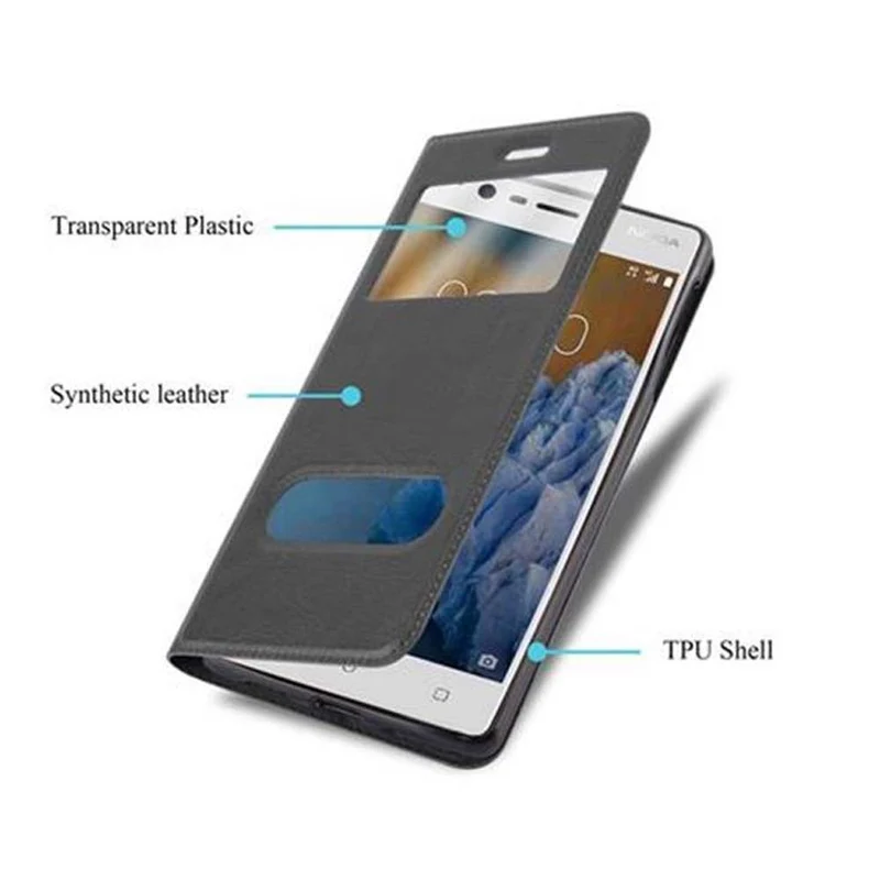 Cadorabo Hülle kompatibel mit Nokia 3 2017 Schutzhülle mit Magnetverschluss, Standfunktion und 2 Sichtfenstern