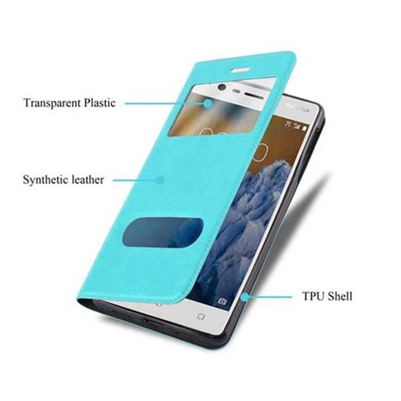 Cadorabo Hülle kompatibel mit Nokia 3 2017 Schutzhülle mit Magnetverschluss, Standfunktion und 2 Sichtfenstern