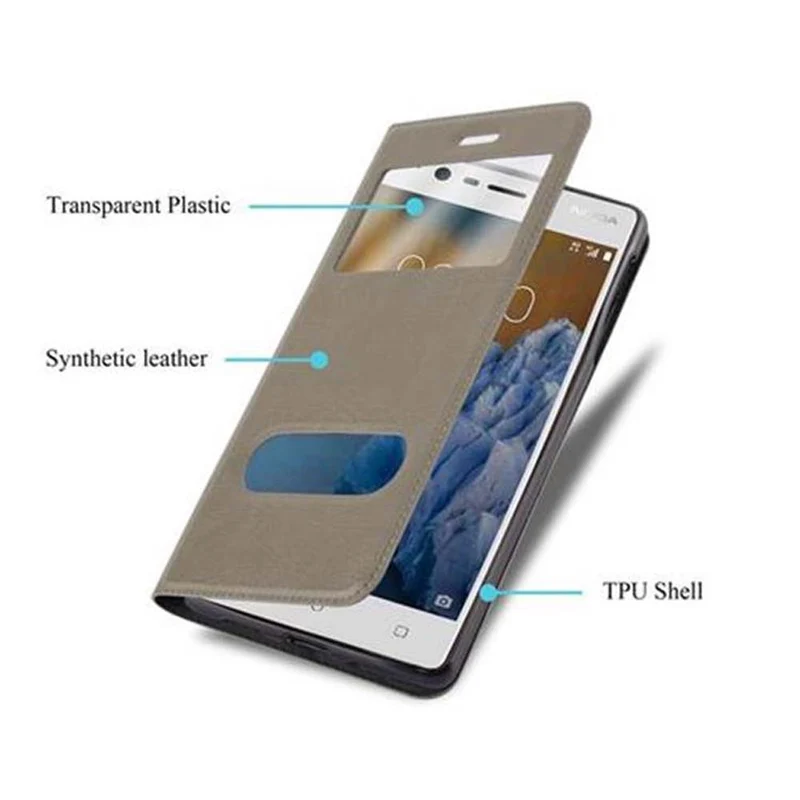 Cadorabo Hülle kompatibel mit Nokia 3 2017 Schutzhülle mit Magnetverschluss, Standfunktion und 2 Sichtfenstern