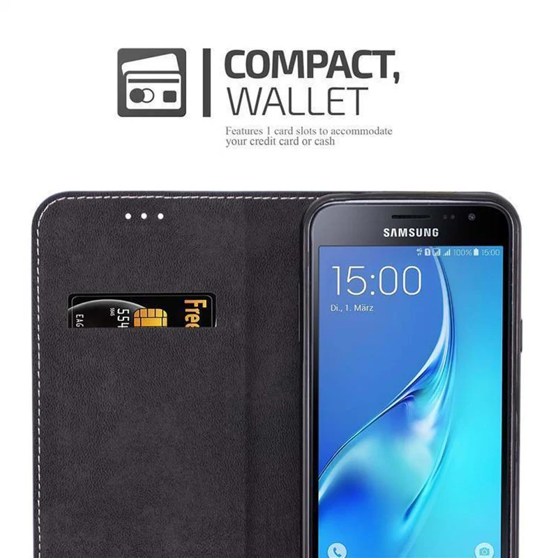 Cadorabo Hülle kompatibel mit Samsung Galaxy J3 2016 Schutzhülle mit Magnetverschluss, Standfunktion und Kartenfach