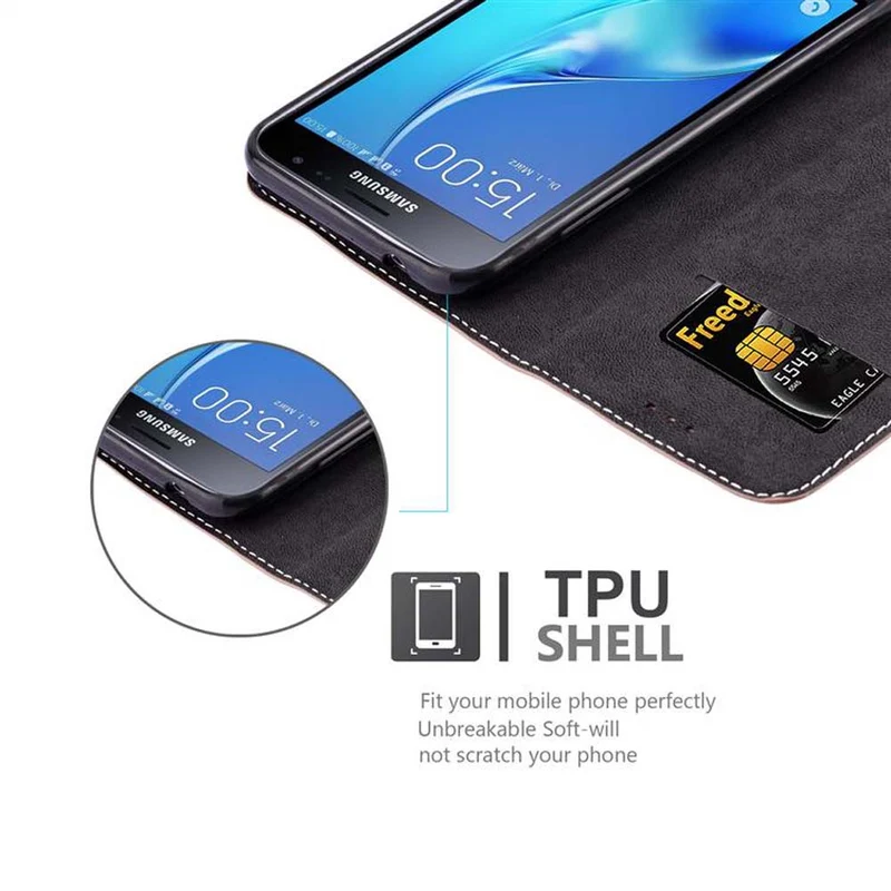 Cadorabo Hülle kompatibel mit Samsung Galaxy J3 2016 Schutzhülle mit Magnetverschluss, Standfunktion und Kartenfach
